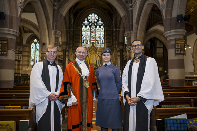 (left to right) The Rector of Rugby, the Reverend Canon Edmund Newey, the Mayor of Rugby, Cllr Simon Ward, the Mayor's cadet, Cadet Sgt Alessia Fracchia, and St Andrew's Church curate, the Reverend James Sampson-Foster, at Civic Sunday.